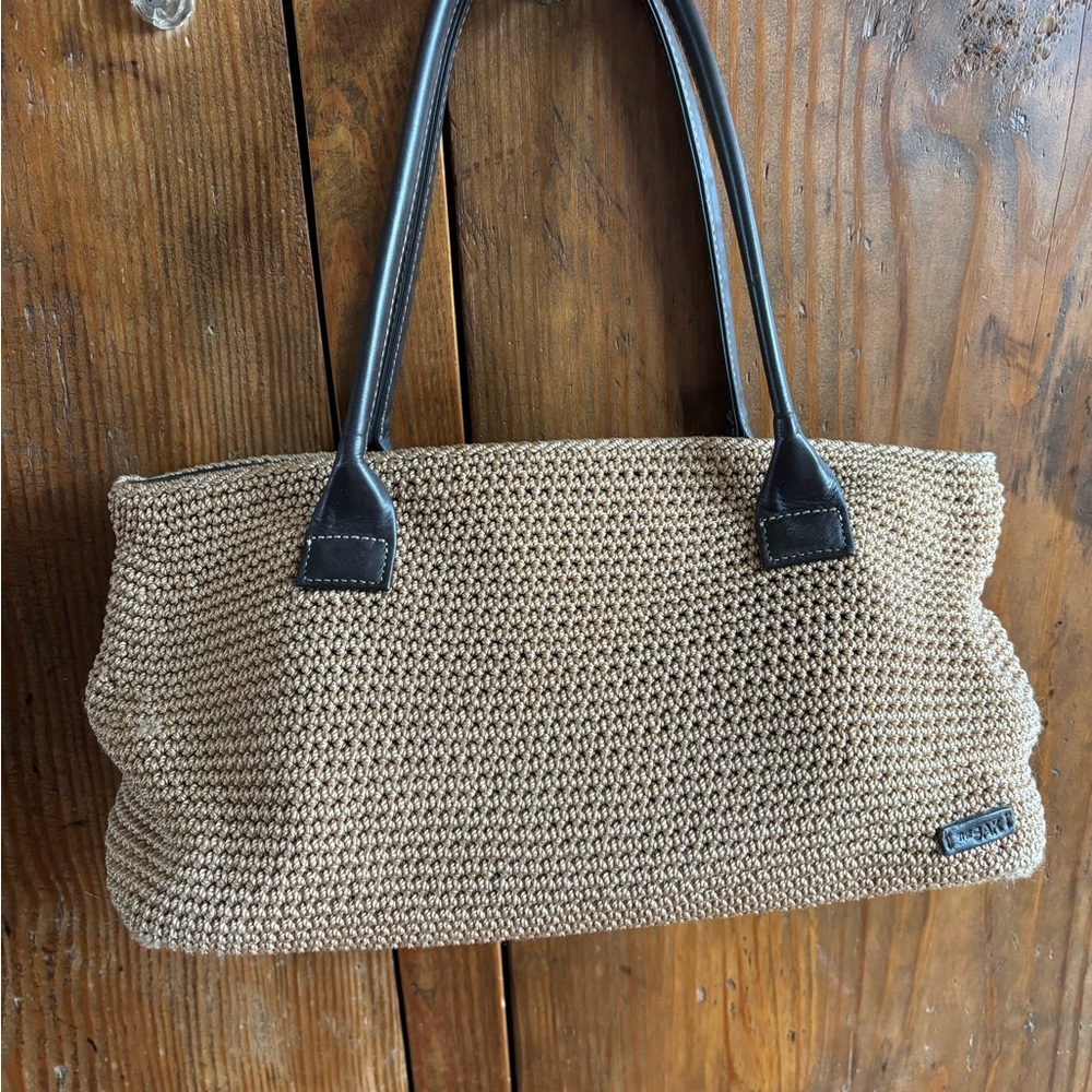 The Sak Beige Woven Shoulder Bag with Brown Handles